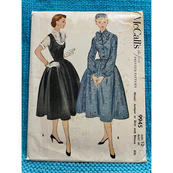 McCalls 9945 Sewing pattern dress circle skirt kitten bow blouse 1950s size 12 - Picture 1 of 7